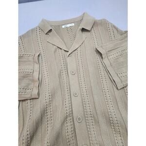 Zara Shirt Mens Large Beige Short Sleeve Crochet Knit Button Up Camp Summer Top‎